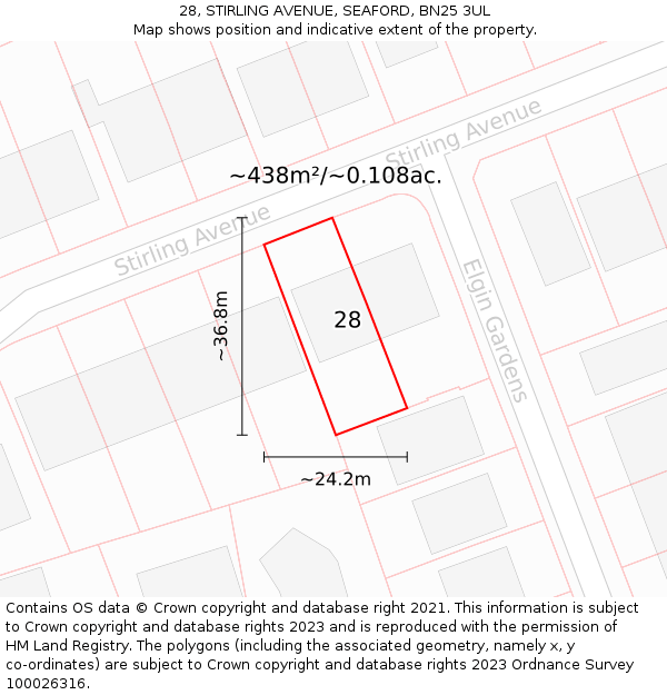 28, STIRLING AVENUE, SEAFORD, BN25 3UL: Plot and title map