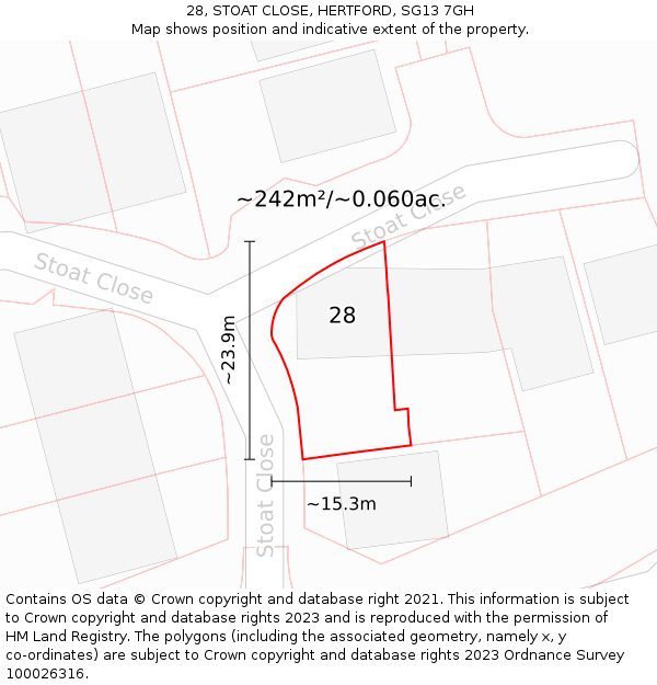 28, STOAT CLOSE, HERTFORD, SG13 7GH: Plot and title map