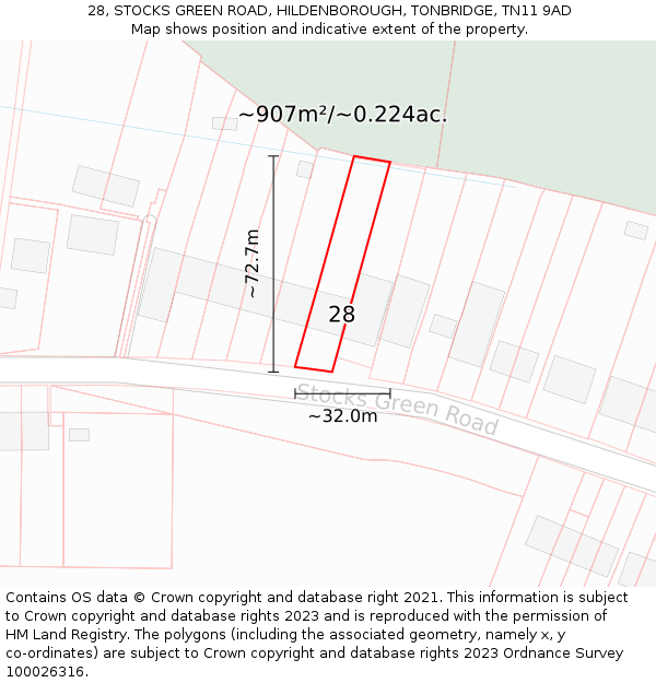 28, STOCKS GREEN ROAD, HILDENBOROUGH, TONBRIDGE, TN11 9AD: Plot and title map