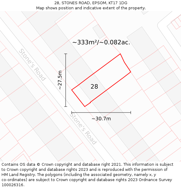 28, STONES ROAD, EPSOM, KT17 1DG: Plot and title map