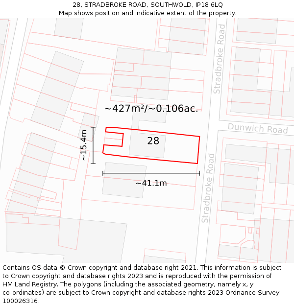 28, STRADBROKE ROAD, SOUTHWOLD, IP18 6LQ: Plot and title map