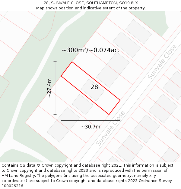 28, SUNVALE CLOSE, SOUTHAMPTON, SO19 8LX: Plot and title map
