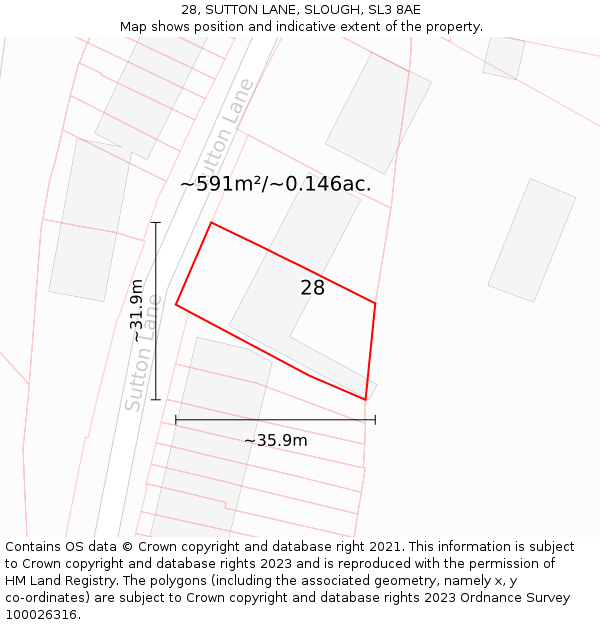 28, SUTTON LANE, SLOUGH, SL3 8AE: Plot and title map
