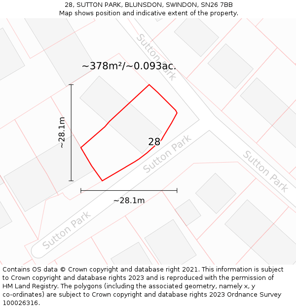 28, SUTTON PARK, BLUNSDON, SWINDON, SN26 7BB: Plot and title map