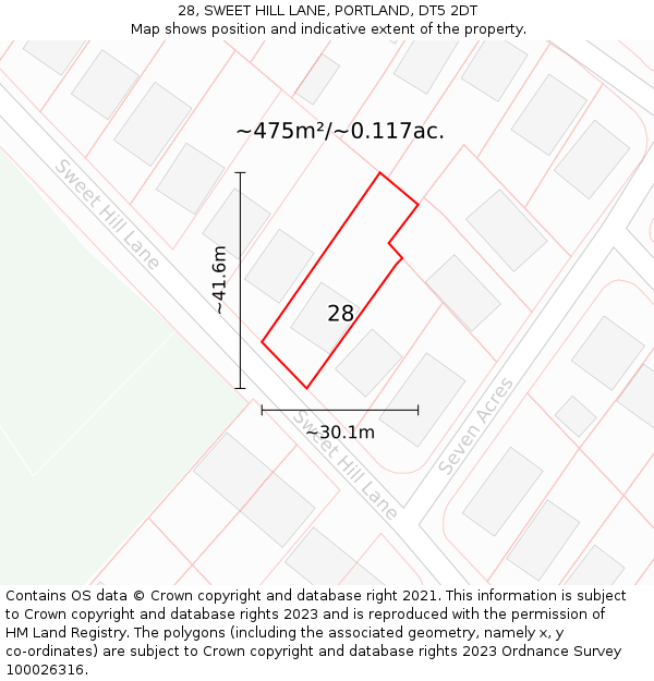 28, SWEET HILL LANE, PORTLAND, DT5 2DT: Plot and title map