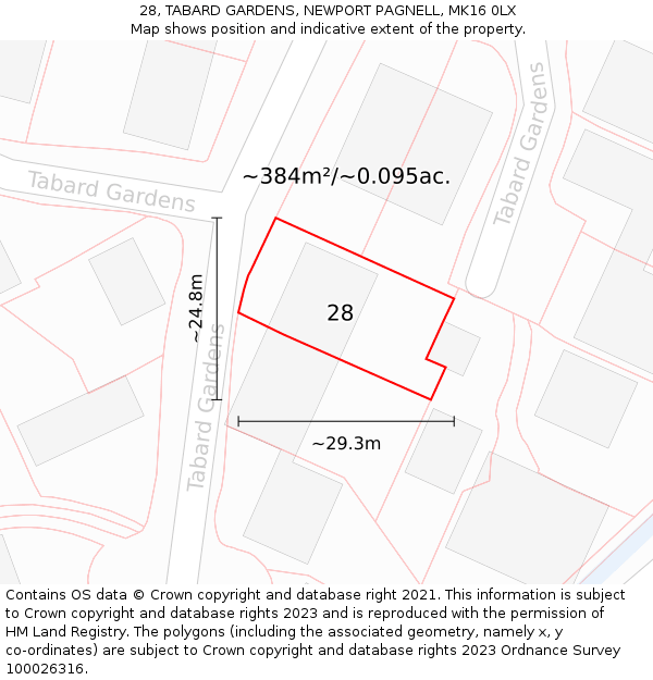 28, TABARD GARDENS, NEWPORT PAGNELL, MK16 0LX: Plot and title map