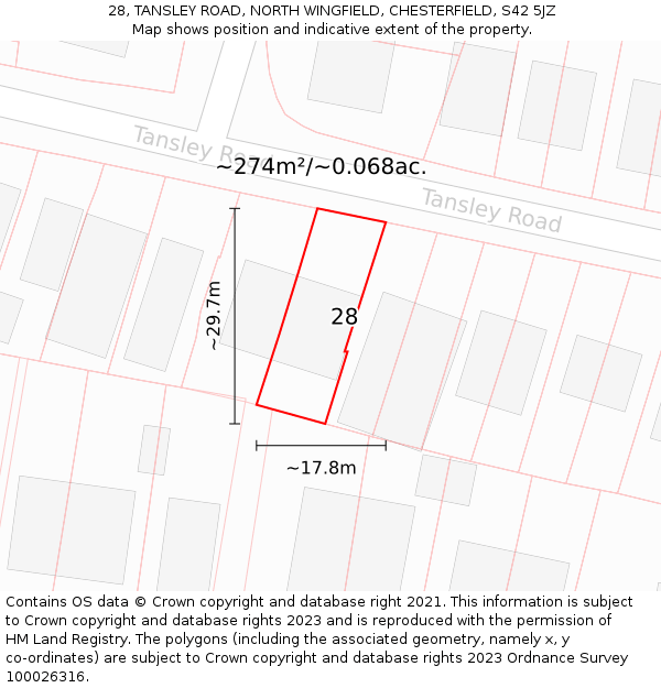 28, TANSLEY ROAD, NORTH WINGFIELD, CHESTERFIELD, S42 5JZ: Plot and title map