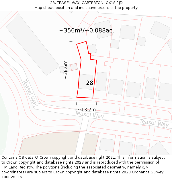 28, TEASEL WAY, CARTERTON, OX18 1JD: Plot and title map