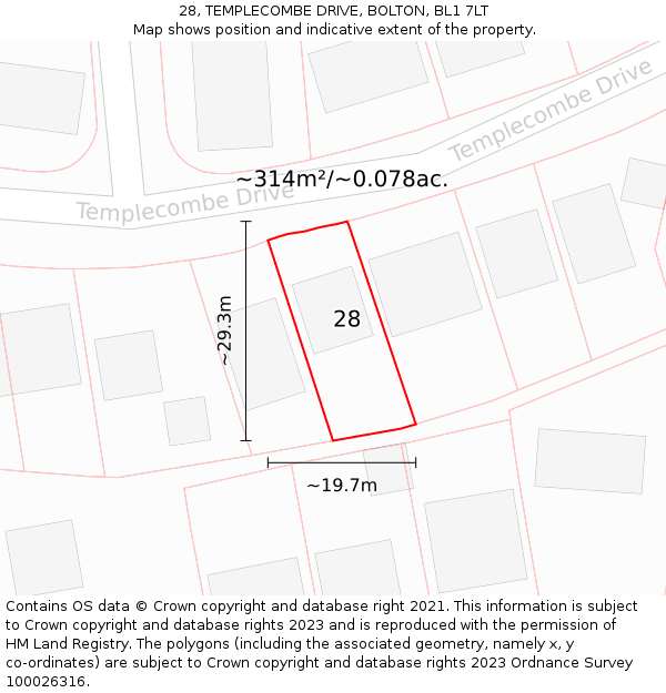 28, TEMPLECOMBE DRIVE, BOLTON, BL1 7LT: Plot and title map