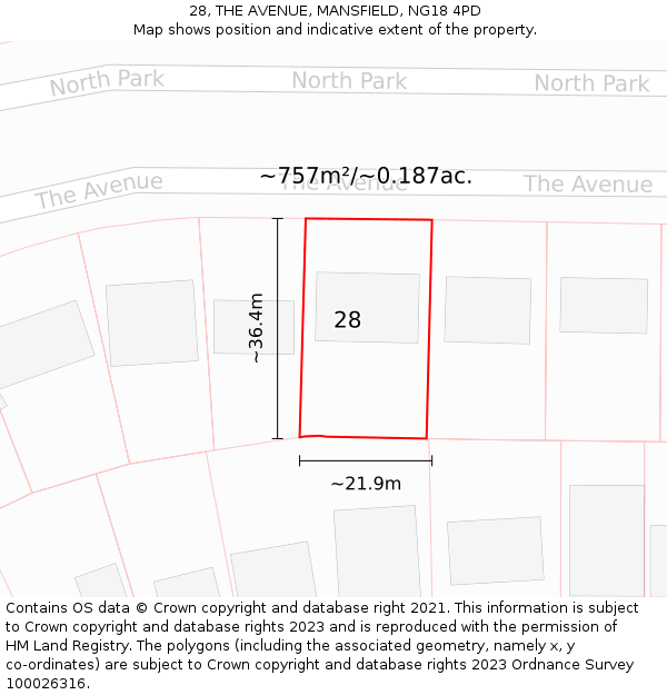28, THE AVENUE, MANSFIELD, NG18 4PD: Plot and title map