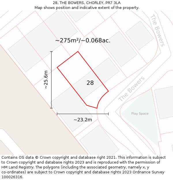 28, THE BOWERS, CHORLEY, PR7 3LA: Plot and title map