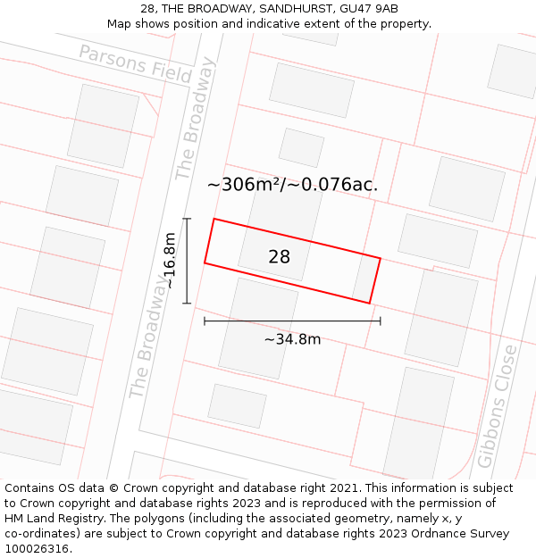 28, THE BROADWAY, SANDHURST, GU47 9AB: Plot and title map