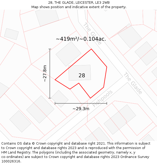 28, THE GLADE, LEICESTER, LE3 2WB: Plot and title map