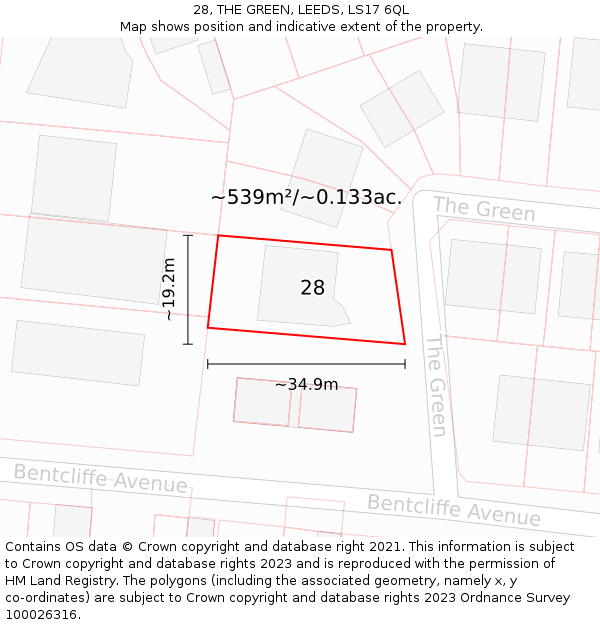 28, THE GREEN, LEEDS, LS17 6QL: Plot and title map