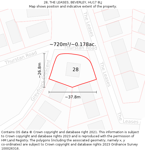 28, THE LEASES, BEVERLEY, HU17 8LJ: Plot and title map