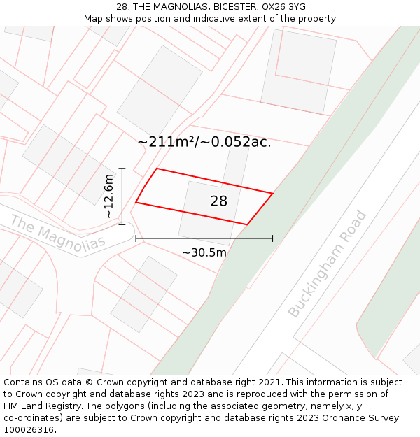 28, THE MAGNOLIAS, BICESTER, OX26 3YG: Plot and title map