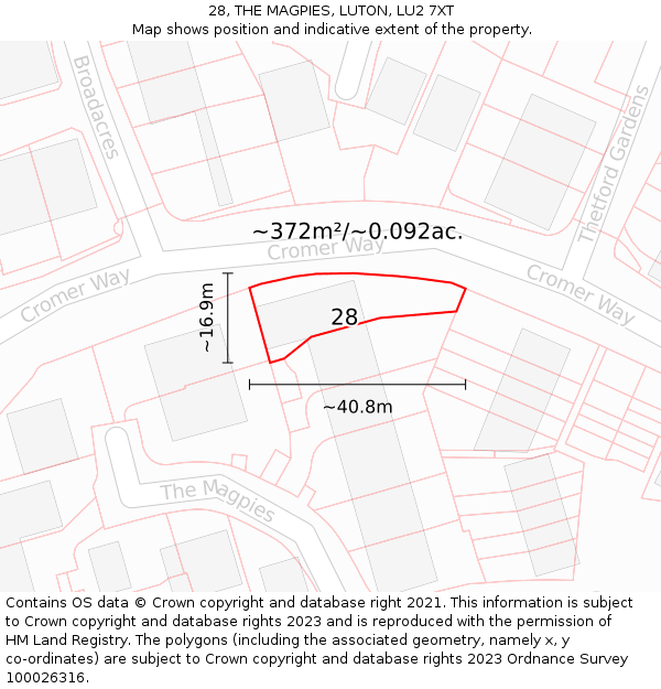 28, THE MAGPIES, LUTON, LU2 7XT: Plot and title map
