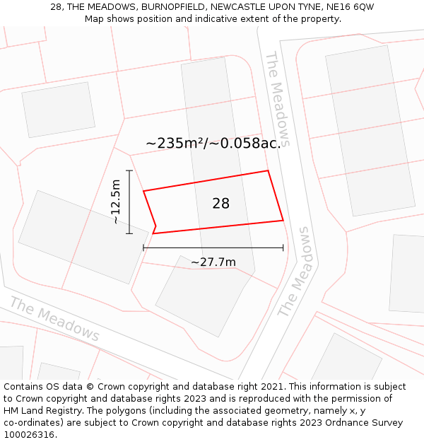 28, THE MEADOWS, BURNOPFIELD, NEWCASTLE UPON TYNE, NE16 6QW: Plot and title map