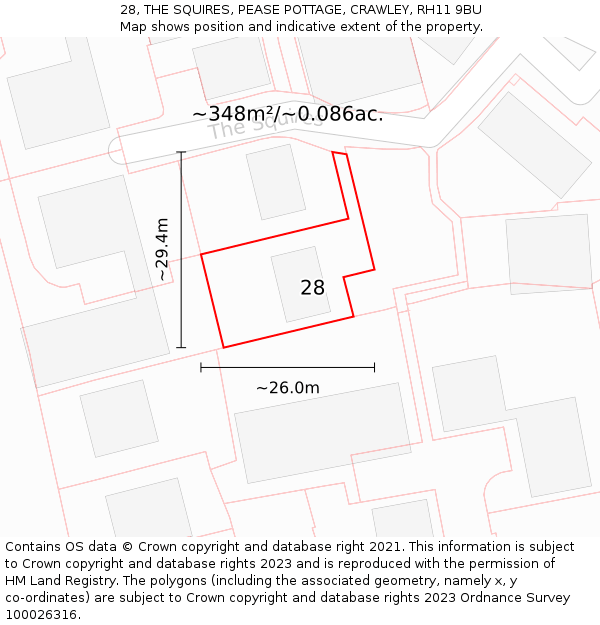 28, THE SQUIRES, PEASE POTTAGE, CRAWLEY, RH11 9BU: Plot and title map