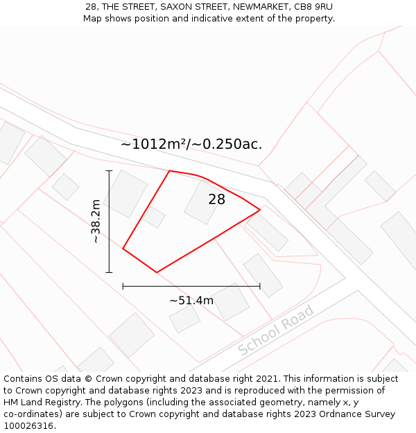 28, THE STREET, SAXON STREET, NEWMARKET, CB8 9RU: Plot and title map