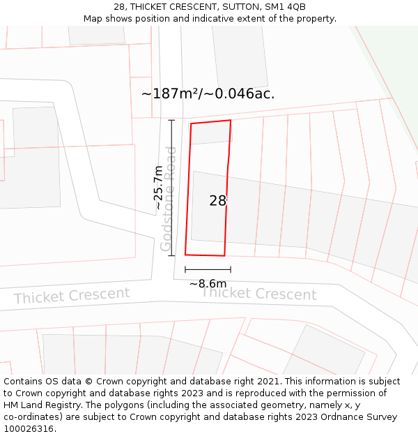 28, THICKET CRESCENT, SUTTON, SM1 4QB: Plot and title map