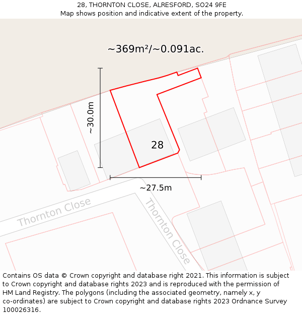 28, THORNTON CLOSE, ALRESFORD, SO24 9FE: Plot and title map