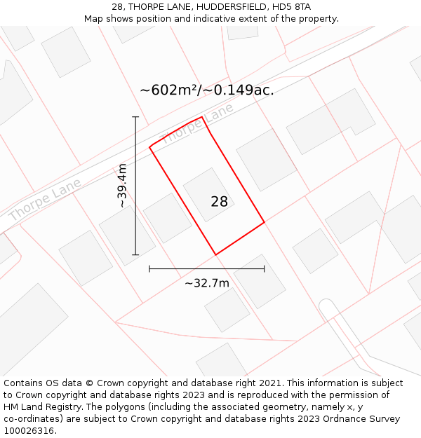 28, THORPE LANE, HUDDERSFIELD, HD5 8TA: Plot and title map