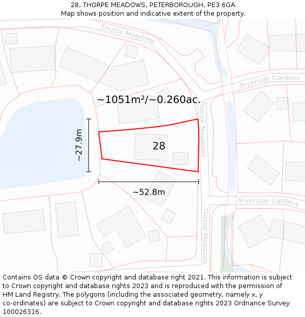 28, THORPE MEADOWS, PETERBOROUGH, PE3 6GA: Plot and title map