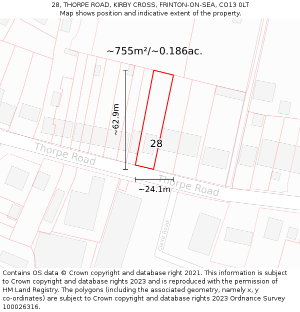 28, THORPE ROAD, KIRBY CROSS, FRINTON-ON-SEA, CO13 0LT: Plot and title map