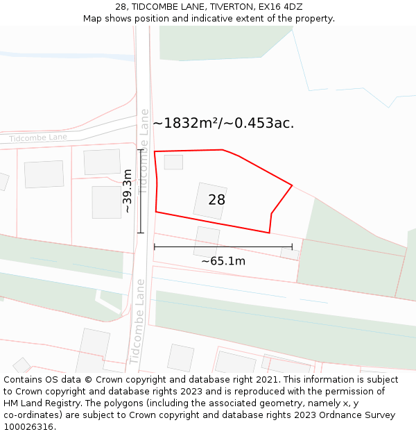 28, TIDCOMBE LANE, TIVERTON, EX16 4DZ: Plot and title map