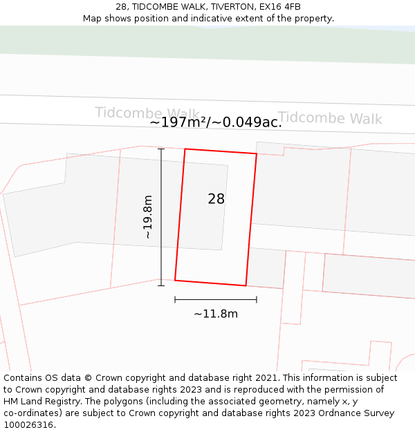 28, TIDCOMBE WALK, TIVERTON, EX16 4FB: Plot and title map