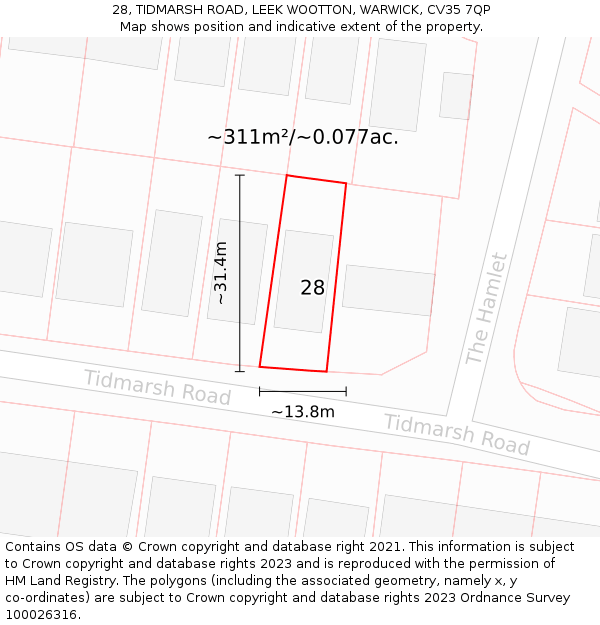 28, TIDMARSH ROAD, LEEK WOOTTON, WARWICK, CV35 7QP: Plot and title map