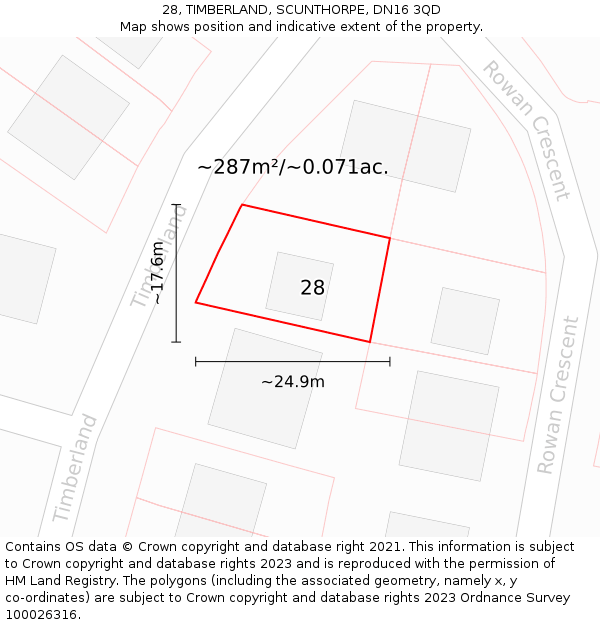 28, TIMBERLAND, SCUNTHORPE, DN16 3QD: Plot and title map