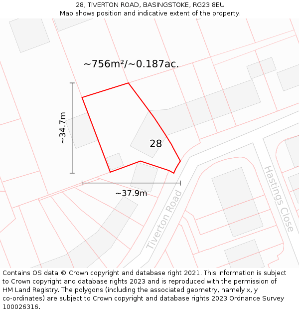 28, TIVERTON ROAD, BASINGSTOKE, RG23 8EU: Plot and title map