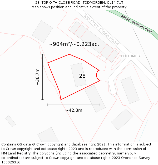 28, TOP O TH CLOSE ROAD, TODMORDEN, OL14 7UT: Plot and title map