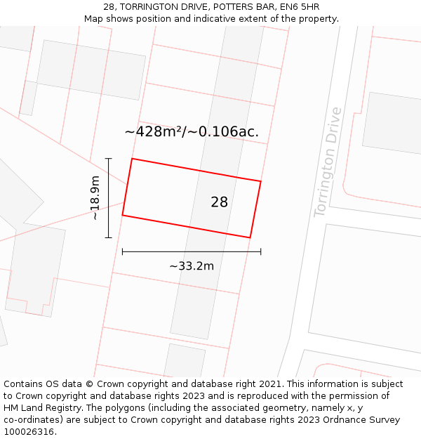 28, TORRINGTON DRIVE, POTTERS BAR, EN6 5HR: Plot and title map