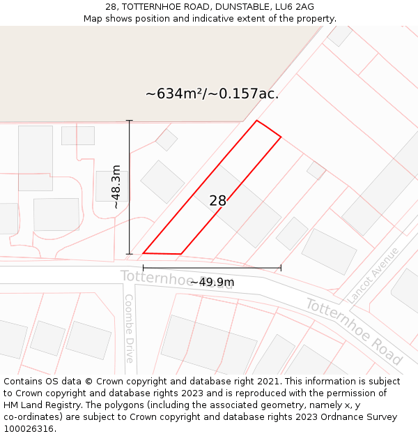 28, TOTTERNHOE ROAD, DUNSTABLE, LU6 2AG: Plot and title map