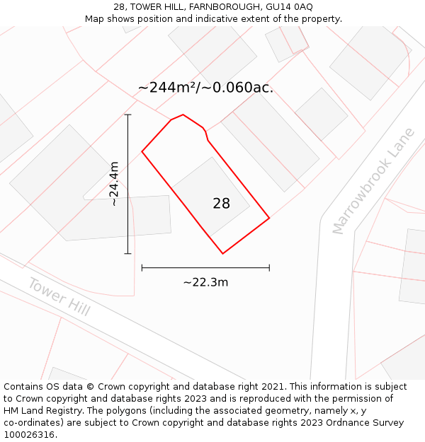 28, TOWER HILL, FARNBOROUGH, GU14 0AQ: Plot and title map