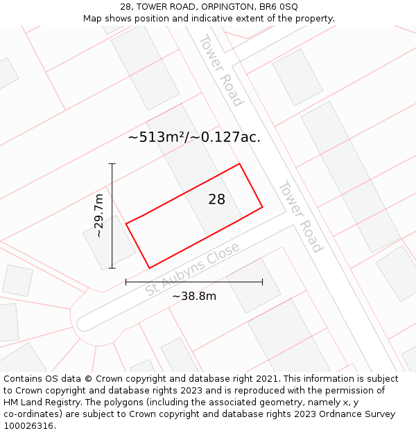 28, TOWER ROAD, ORPINGTON, BR6 0SQ: Plot and title map