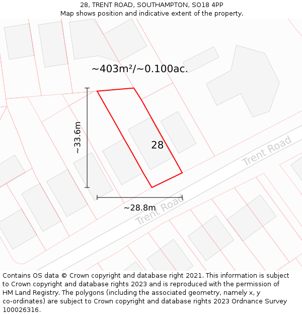 28, TRENT ROAD, SOUTHAMPTON, SO18 4PP: Plot and title map