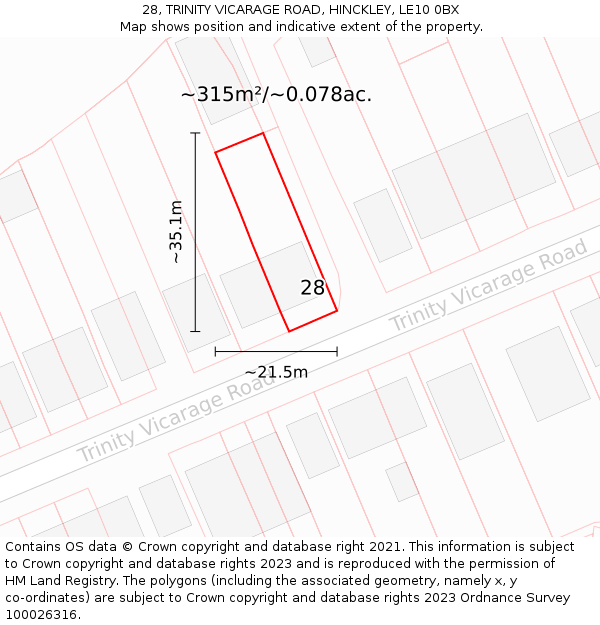 28, TRINITY VICARAGE ROAD, HINCKLEY, LE10 0BX: Plot and title map