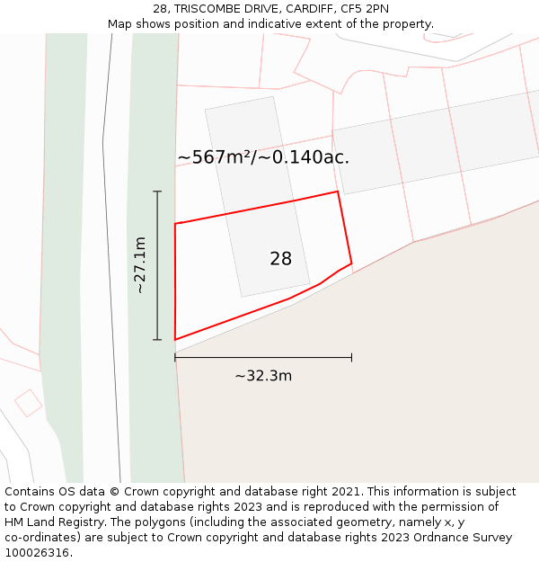 28, TRISCOMBE DRIVE, CARDIFF, CF5 2PN: Plot and title map