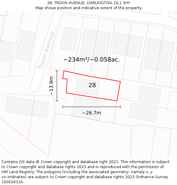 28, TROON AVENUE, DARLINGTON, DL1 3HY: Plot and title map