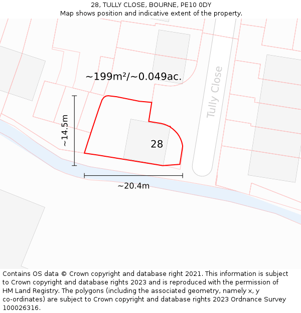 28, TULLY CLOSE, BOURNE, PE10 0DY: Plot and title map