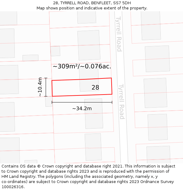 28, TYRRELL ROAD, BENFLEET, SS7 5DH: Plot and title map