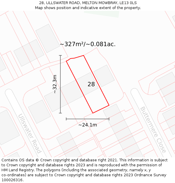 28, ULLSWATER ROAD, MELTON MOWBRAY, LE13 0LS: Plot and title map