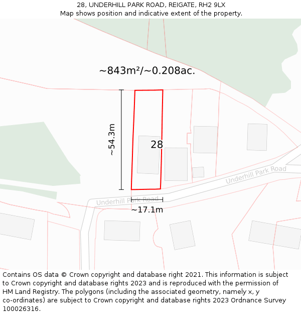 28, UNDERHILL PARK ROAD, REIGATE, RH2 9LX: Plot and title map
