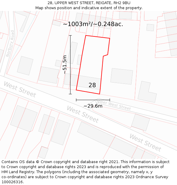 28, UPPER WEST STREET, REIGATE, RH2 9BU: Plot and title map