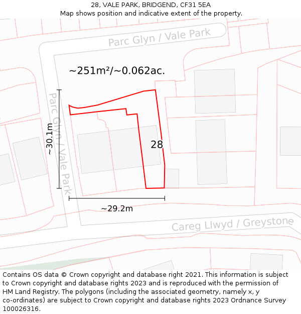 28, VALE PARK, BRIDGEND, CF31 5EA: Plot and title map