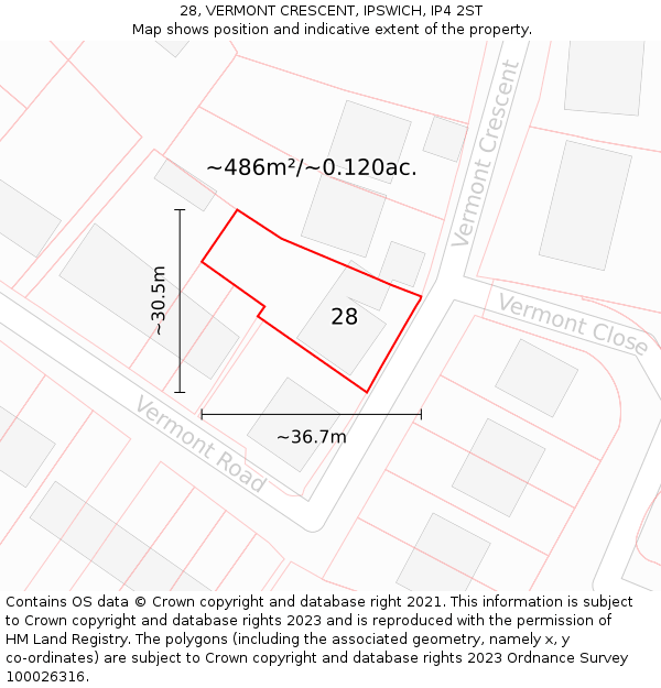 28, VERMONT CRESCENT, IPSWICH, IP4 2ST: Plot and title map